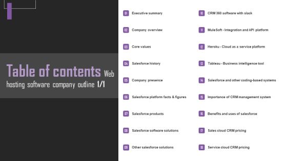 Table Of Contents Web Hosting Software Company Outline Sample PDF Table Of Contents Web Hosting Software Company Outline Sample PDF