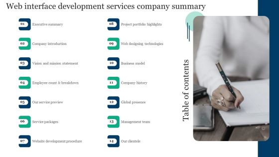 Table Of Contents Web Interface Development Services Company Summary Ideas PDF Table Of Contents Web Interface Development Services Company Summary Ideas PDF