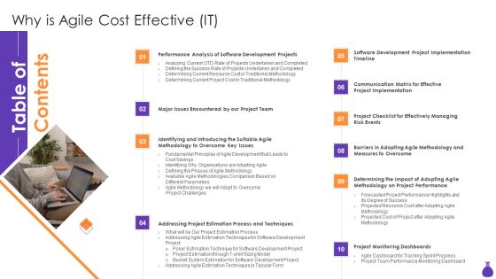 Table Of Contents Why Is Agile Cost Effective IT Wd Ppt PowerPoint Presentation File Visual Aids PDF Table Of Contents Why Is Agile Cost Effective IT Wd Ppt PowerPoint Presentation File Visual Aids PDF