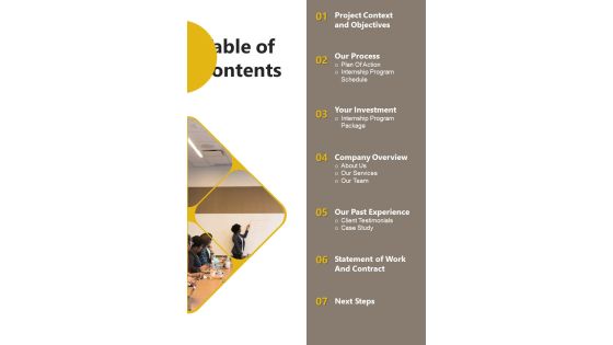 Table Of Contents Workforce Training And Development Program One Pager Sample Example Document Table Of Contents Workforce Training And Development Program One Pager Sample Example Document