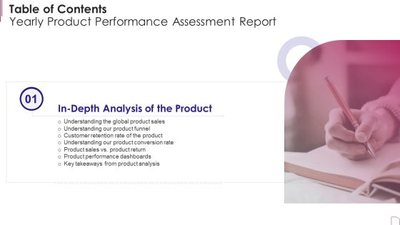 Table Of Contents Yearly Product Performance Assessment Report Slide Portrait PDF Table Of Contents Yearly Product Performance Assessment Report Slide Portrait PDF