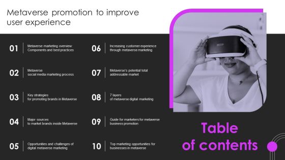 Table Of Contnets Metaverse Promotion To Improve User Experience Inspiration PDF Table Of Contnets Metaverse Promotion To Improve User Experience Inspiration PDF