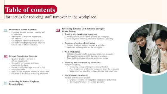 Tables Of Content For Tactics For Reducing Staff Turnover In The Workplace Microsoft PDF Tables Of Content For Tactics For Reducing Staff Turnover In The Workplace Microsoft PDF