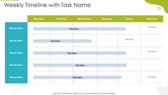 Tactical Marketing Strategy For Customer Engagement Weekly Timeline With Task Name Brochure PDF Tactical Marketing Strategy For Customer Engagement Weekly Timeline With Task Name Brochure PDF