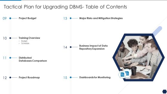 Tactical Plan For Upgrading DBMS Table Of Contents Budget Icons PDF