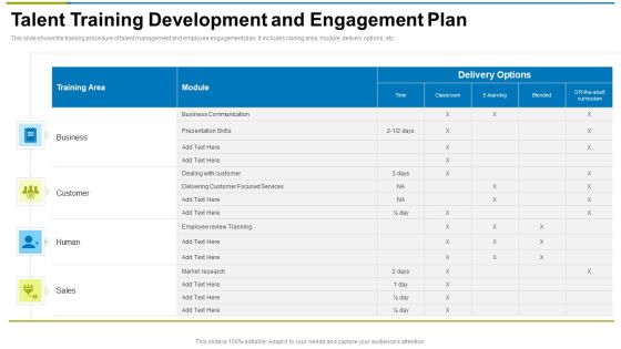 Talent Training Development And Engagement Plan Ppt Infographic Template Shapes PDF