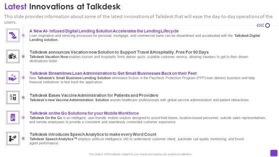 Talkdesk Investor Financing Business Latest Innovations At Talkdesk Icons PDF Talkdesk Investor Financing Business Latest Innovations At Talkdesk Icons PDF