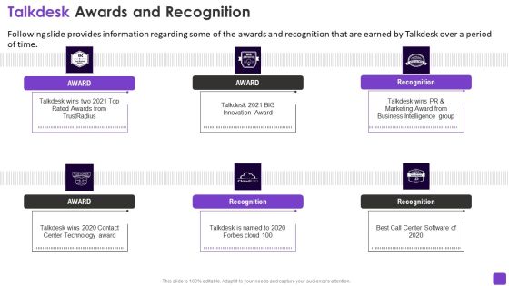 Talkdesk Investor Financing Business Talkdesk Awards And Recognition Themes PDF