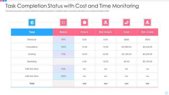 Task Completion Status With Cost And Time Monitoring Diagrams PDF Task Completion Status With Cost And Time Monitoring Diagrams PDF
