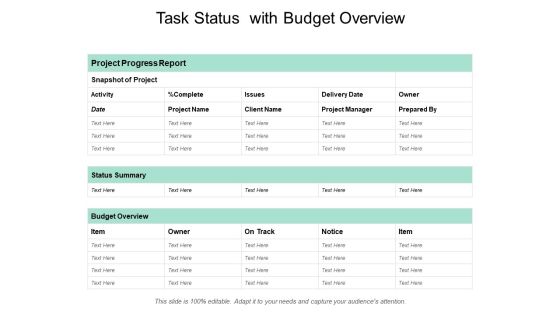 Task Status With Budget Overview Ppt PowerPoint Presentation File Topics