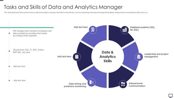 Tasks And Skills Of Data And Analytics Manager Ppt Slides Infographics PDF Tasks And Skills Of Data And Analytics Manager Ppt Slides Infographics PDF