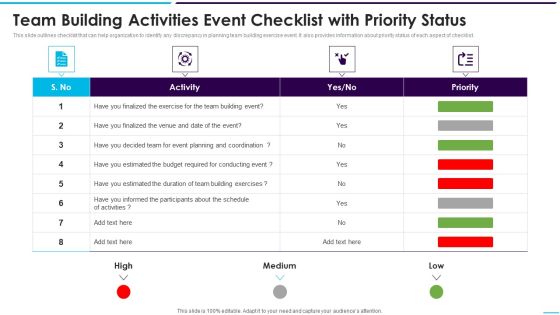 Team Building Activities Event Checklist With Priority Status Slides PDF Team Building Activities Event Checklist With Priority Status Slides PDF