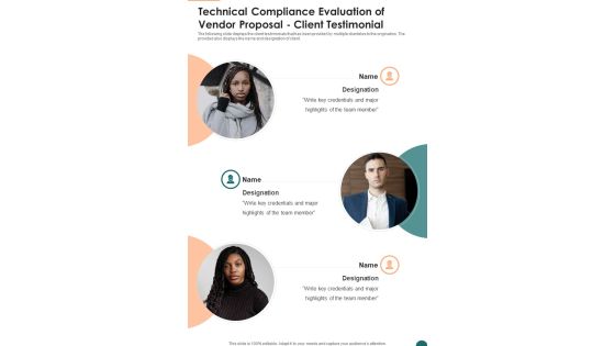 Technical Compliance Evaluation Of Vendor Proposal Client Testimonial One Pager Sample Example Document Technical Compliance Evaluation Of Vendor Proposal Client Testimonial One Pager Sample Example Document