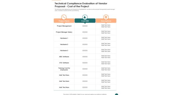 Technical Compliance Evaluation Of Vendor Proposal Cost Of The Project One Pager Sample Example Document Technical Compliance Evaluation Of Vendor Proposal Cost Of The Project One Pager Sample Example Document
