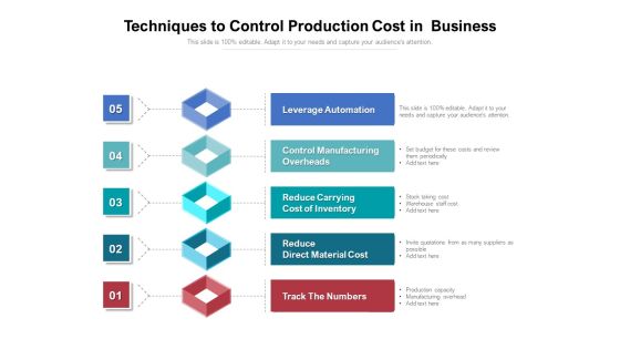 Techniques To Control Production Cost In Business Ppt PowerPoint Presentation Layouts Designs Download PDF