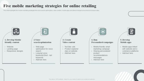 Techniques To Enhance Customer Engagement Via Digital Platforms Five Mobile Marketing Strategies For Online Retailing Slides PDF