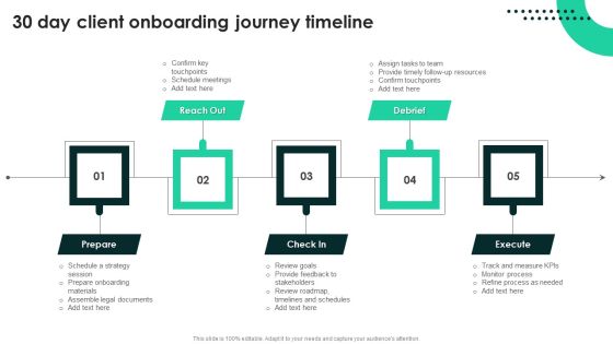 Techniques To Enhance User Onboarding Journey 30 Day Client Onboarding Journey Timeline Slides PDF