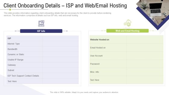 Technology Facility Maintenance And Provider Client Onboarding Details ISP And Web Email Hosting Ppt Model Elements PDF Technology Facility Maintenance And Provider Client Onboarding Details ISP And Web Email Hosting Ppt Model Elements PDF