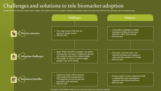 Telehealth Challenges And Solutions To Tele Biomarker Adoption Icons PDF Telehealth Challenges And Solutions To Tele Biomarker Adoption Icons PDF