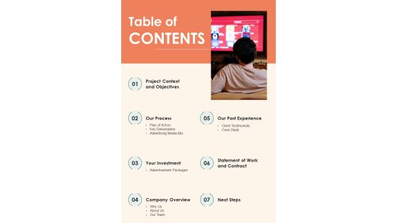 Television Commercial Service Proposal Table Of Contents One Pager Sample Example Document Television Commercial Service Proposal Table Of Contents One Pager Sample Example Document