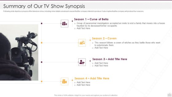 Television Show Pitch Deck Summary Of Our TV Show Synopsis Ppt Portfolio Designs PDF Television Show Pitch Deck Summary Of Our TV Show Synopsis Ppt Portfolio Designs PDF