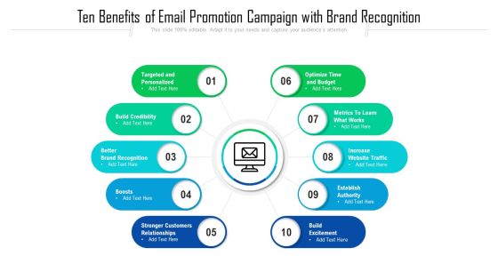 Ten Benefits Of Email Promotion Campaign With Brand Recognition Ppt PowerPoint Presentation Infographic Template Icon PDF