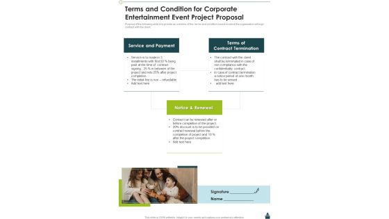 Terms And Condition For Corporate Entertainment Event Project Proposal One Pager Sample Example Document Terms And Condition For Corporate Entertainment Event Project Proposal One Pager Sample Example Document