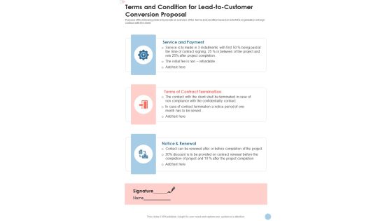 Terms And Condition For Lead To Customer Conversion Proposal One Pager Sample Example Document Terms And Condition For Lead To Customer Conversion Proposal One Pager Sample Example Document
