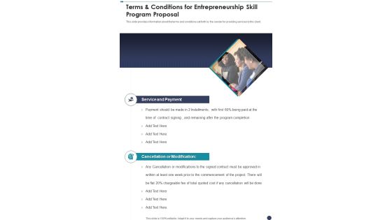 Terms And Conditions For Entrepreneurship Skill Program Proposal One Pager Sample Example Document Terms And Conditions For Entrepreneurship Skill Program Proposal One Pager Sample Example Document
