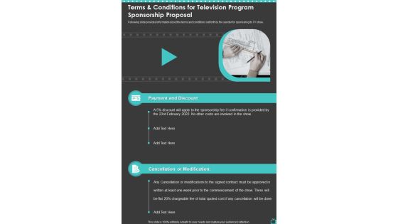 Terms And Conditions For Television Program Sponsorship Proposal One Pager Sample Example Document Terms And Conditions For Television Program Sponsorship Proposal One Pager Sample Example Document