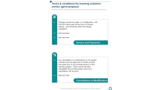 Terms And Conditions For Training Customer Service Agent Proposal One Pager Sample Example Document Terms And Conditions For Training Customer Service Agent Proposal One Pager Sample Example Document