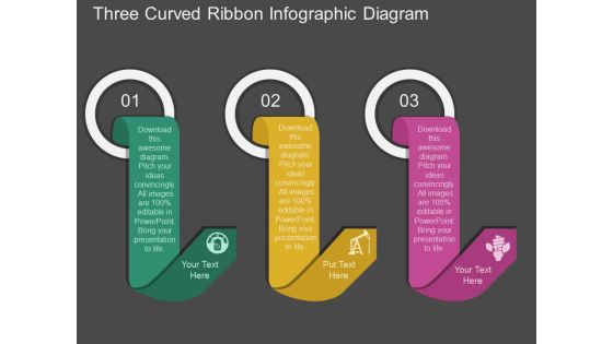 Three Curved Ribbon Infographic Diagram Powerpoint Template
