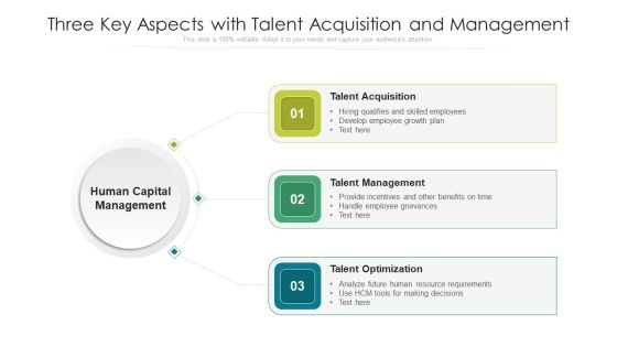 Three Key Aspects With Talent Acquisition And Management Ppt Infographics Show PDF Three Key Aspects With Talent Acquisition And Management Ppt Infographics Show PDF