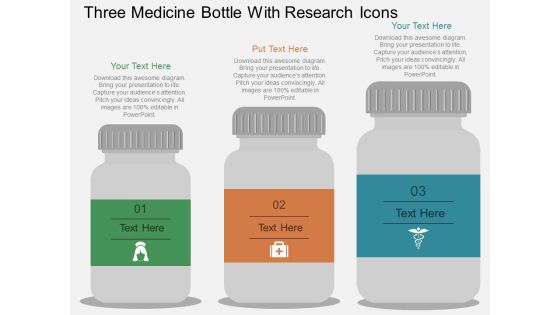 Three Medicine Bottle With Research Icons Powerpoint Template Three Medicine Bottle With Research Icons Powerpoint Template