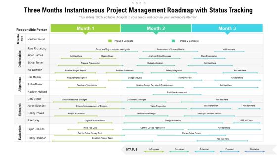Three Months Instantaneous Project Management Roadmap With Status Tracking Designs Three Months Instantaneous Project Management Roadmap With Status Tracking Designs