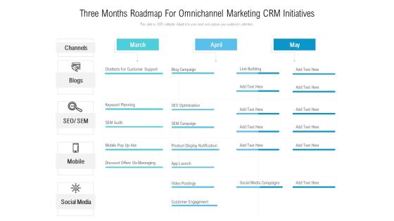 Three Months Roadmap For Omnichannel Marketing CRM Initiatives Elements Three Months Roadmap For Omnichannel Marketing CRM Initiatives Elements