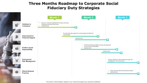 Three Months Roadmap To Corporate Social Fiduciary Duty Strategies Infographics Three Months Roadmap To Corporate Social Fiduciary Duty Strategies Infographics