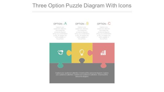 Three Options Puzzle Diagram With Icons Powerpoint Slides