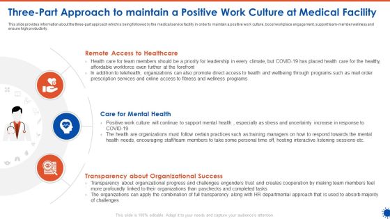Three Part Approach To Maintain A Positive Work Culture At Medical Facility Elements PDF