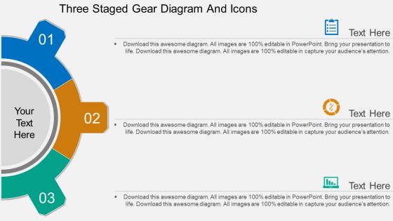 Three Staged Gear Diagram And Icons Powerpoint Template Three Staged Gear Diagram And Icons Powerpoint Template