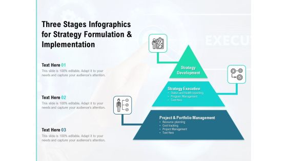 Three Stages Infographics For Strategy Formulation And Implementation Ppt PowerPoint Presentation Pictures Brochure