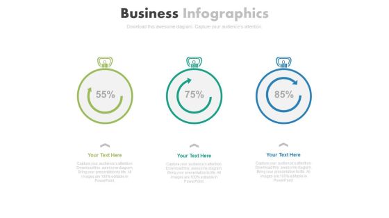 Three Stopwatches For Percentage Growth Powerpoint Slides