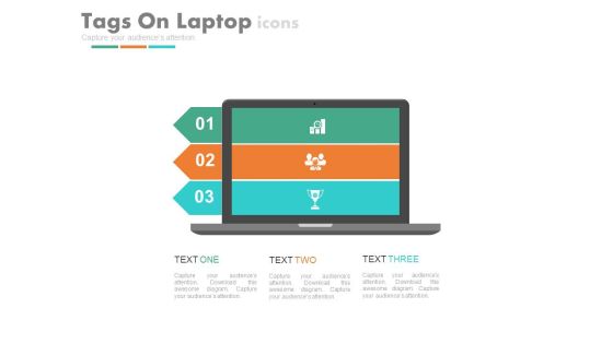 Three Tags On Laptop With Team And Success Icons Powerpoint Template