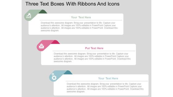 Three Text Boxes With Ribbons And Icons Powerpoint Templates