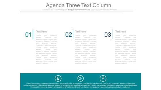 Three Text Columns For Business Agenda Powerpoint Slides