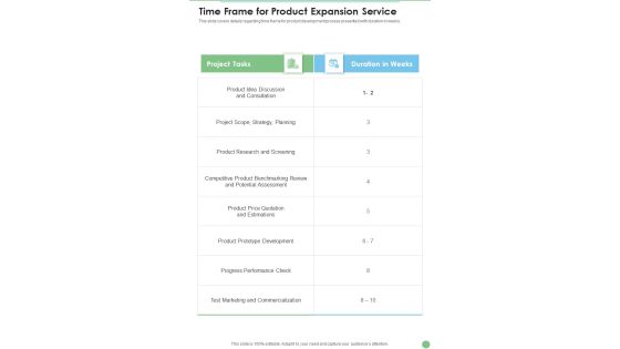 Time Frame For Product Expansion Service One Pager Sample Example Document Time Frame For Product Expansion Service One Pager Sample Example Document