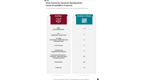 Time Frame For Services Rendered For Lease Acquisition Proposal One Pager Sample Example Document Time Frame For Services Rendered For Lease Acquisition Proposal One Pager Sample Example Document