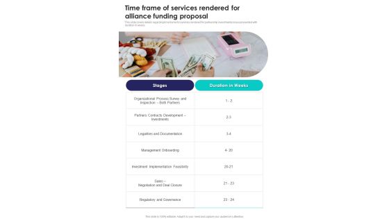 Time Frame Of Services Rendered For Alliance Funding Proposal One Pager Sample Example Document Time Frame Of Services Rendered For Alliance Funding Proposal One Pager Sample Example Document