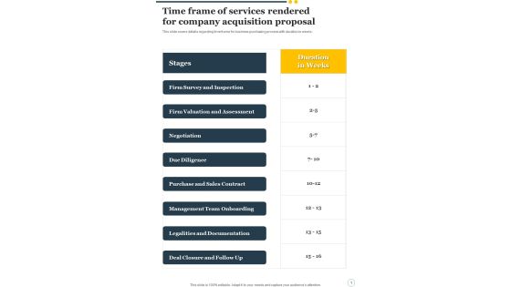 Time Frame Of Services Rendered For Company Acquisition Proposal One Pager Sample Example Document Time Frame Of Services Rendered For Company Acquisition Proposal One Pager Sample Example Document