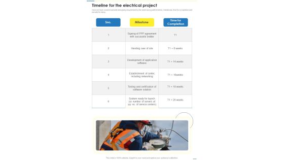 Timeline For The Electrical Project Professional Electrical Contract Services Tender One Pager Sample Example Document Timeline For The Electrical Project Professional Electrical Contract Services Tender One Pager Sample Example Document
